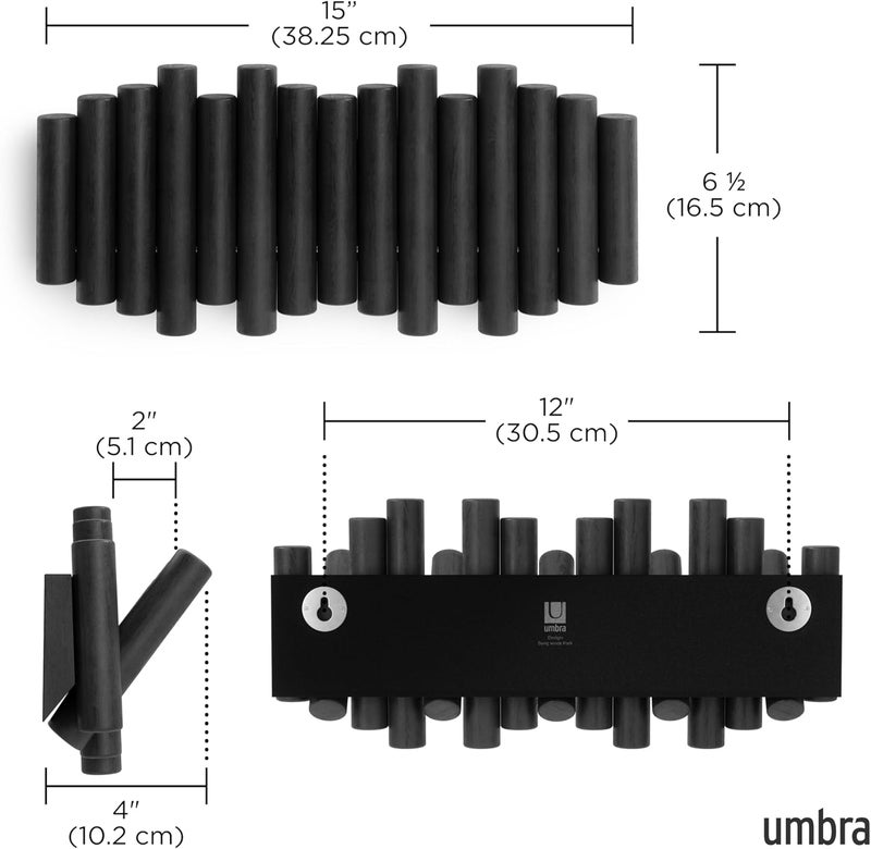 UMBRA Picket Wall-Mounted Coat Rack Rail Hook with 5 Retractable Wood Pegs – Modern, Space-Saving Storage Organizer, Black - Image 3