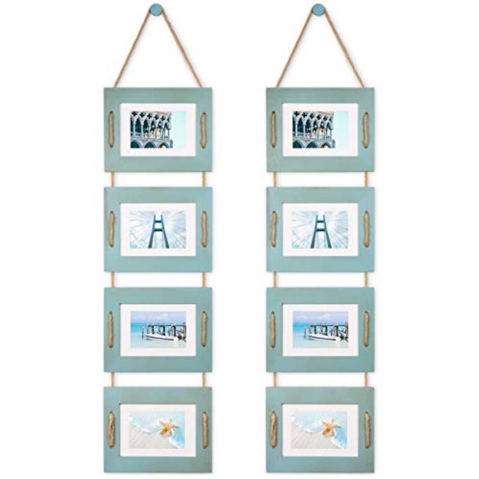 DLQuarts 5x7 Hanging Collage Picture Frames Wall Decor, 4-Opening 5x7 Matted to 3.5x5 Photo Rustic Wood Frame with Hemp Rope, 2 Pack, Ocean Blue - Image 1