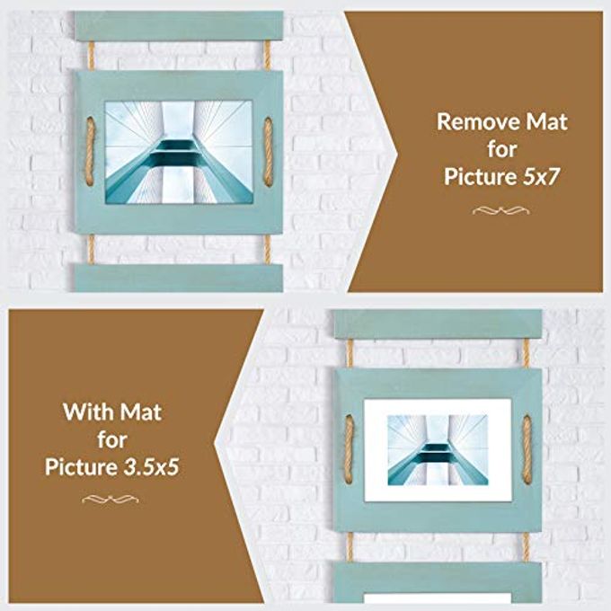 DLQuarts 5x7 Hanging Collage Picture Frames Wall Decor, 4-Opening 5x7 Matted to 3.5x5 Photo Rustic Wood Frame with Hemp Rope, 2 Pack, Ocean Blue - Image 2