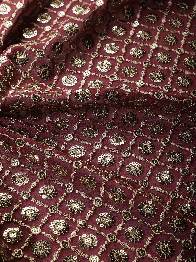 أيه كيه إس Maroon Georgette Fabric with Gold Sequin Embroidery