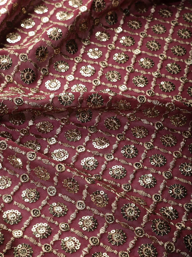 أيه كيه إس Maroon Georgette Fabric with Gold Sequin Embroidery
