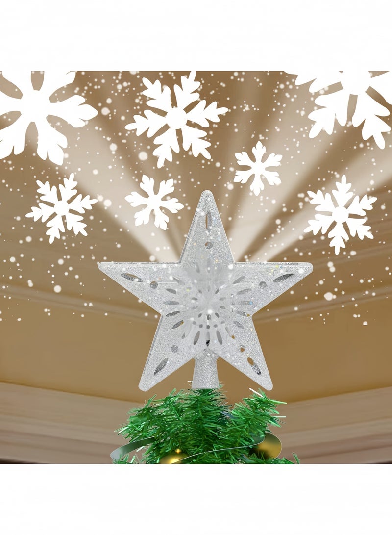GGEROU Christmas Tree Topper Lighted,Silver Christmas Star Tree Topper with Rotating Snowflake Projector Lights, 3D Glittered Star Christmas Tree Topper Star - Image 1