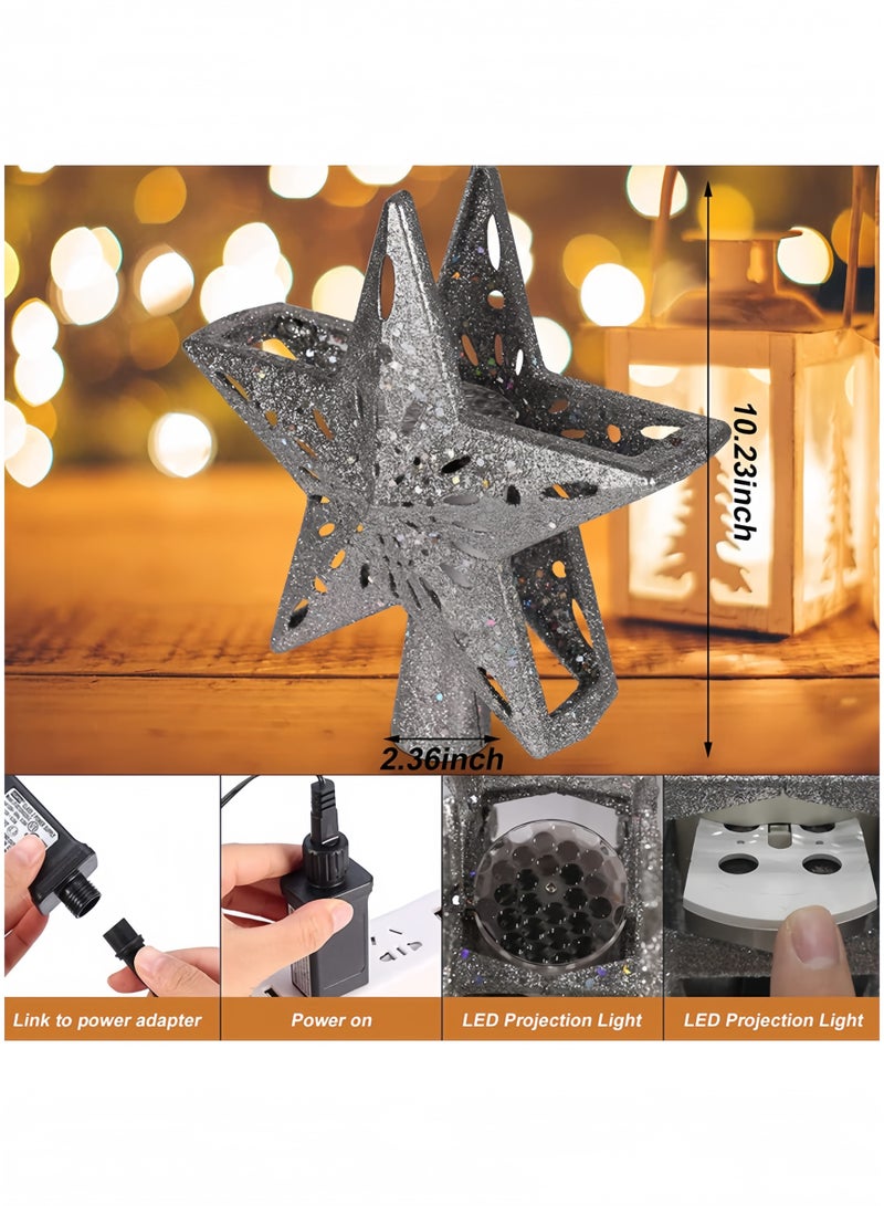 GGEROU Christmas Tree Topper Lighted,Silver Christmas Star Tree Topper with Rotating Snowflake Projector Lights, 3D Glittered Star Christmas Tree Topper Star - Image 4