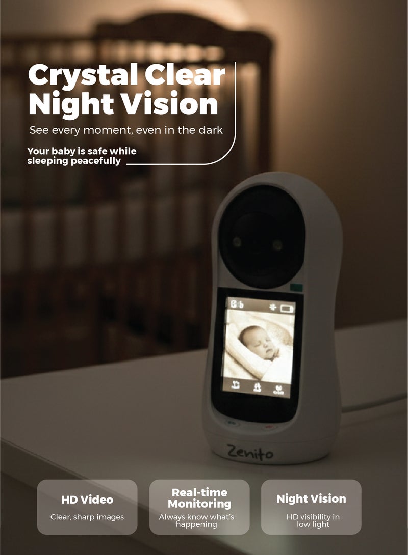 Zenito HD Video Baby Monitor - Secure & Clear View -wo-Way Video Calling Camera with 2.8 Inch IPS HD Screen, 2.4G WIFI Pan/Tilt Smart Security Camera with Motion Detection, Night Vision, 90° View Angle, with Phone App, for Indoor - Off White - Image 2