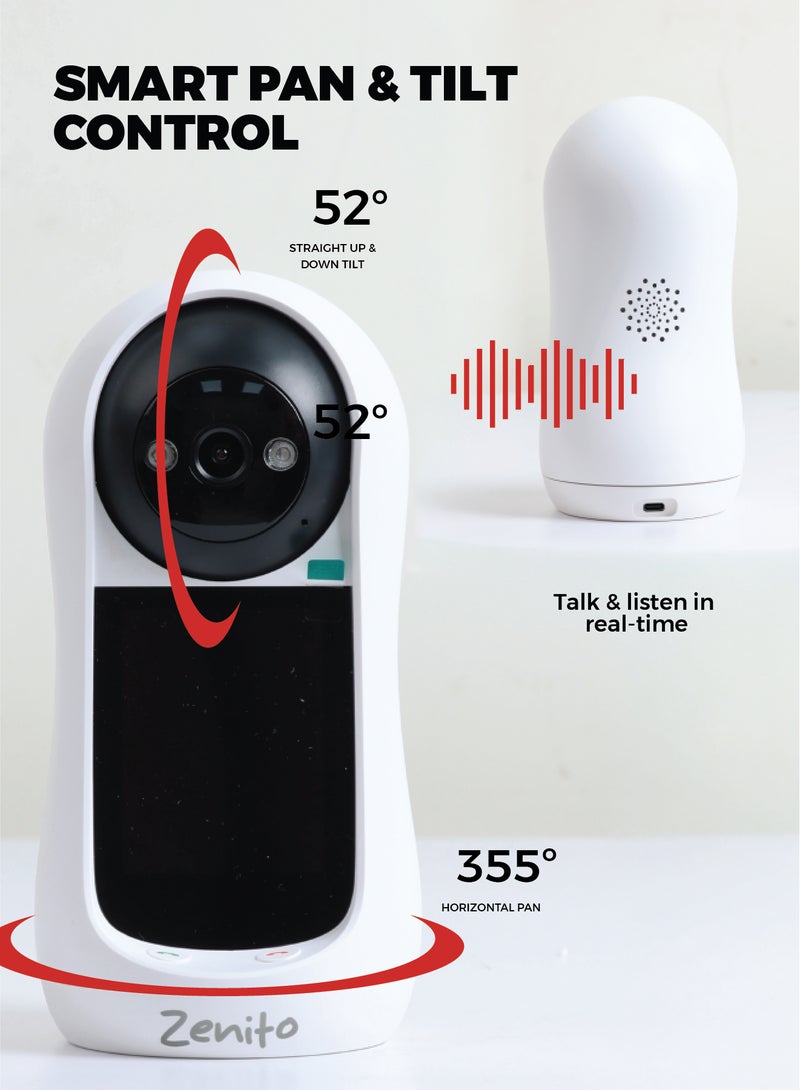 Zenito HD Video Baby Monitor - Secure & Clear View -wo-Way Video Calling Camera with 2.8 Inch IPS HD Screen, 2.4G WIFI Pan/Tilt Smart Security Camera with Motion Detection, Night Vision, 90° View Angle, with Phone App, for Indoor - Off White - Image 4