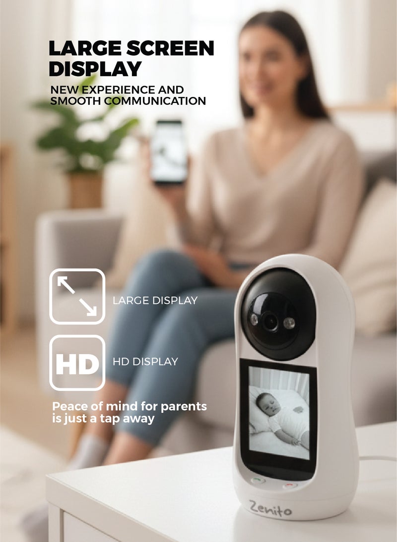 Zenito HD Video Baby Monitor - Secure & Clear View -wo-Way Video Calling Camera with 2.8 Inch IPS HD Screen, 2.4G WIFI Pan/Tilt Smart Security Camera with Motion Detection, Night Vision, 90° View Angle, with Phone App, for Indoor - Off White - Image 3