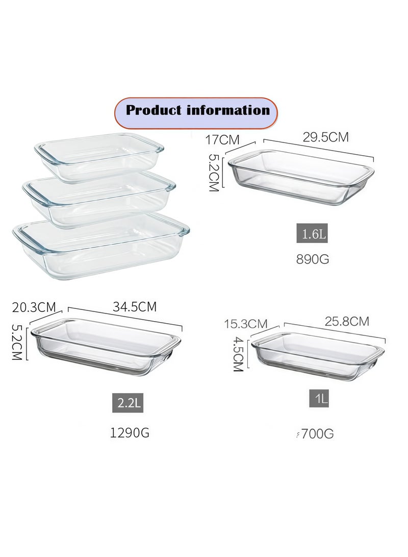 Glass Baking Dish Set of 3 Pcs small 1L,medium 1.6L,and large 2.2L Rectangular Clear Glass,Heat Resistant,Microwave,Oven Safe  Glass Multipurpose Baking Tray - Image 3
