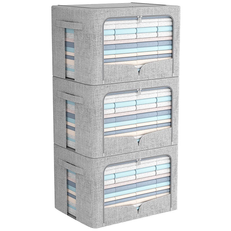 3 Pack Clothes Storage Bins Foldable Metal Frame Storage Box Stackable Linen Fabric Organizer Set with Carrying Handles and Clear Window Light Gray 157x118x118inch36L