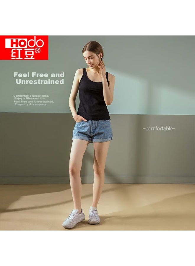 Hongdou Women's Low Round Neck Jacquard Vertical Stripe Ruffled Slim Fit Camisole Top, Elegant Black, Size 160 - Image 2