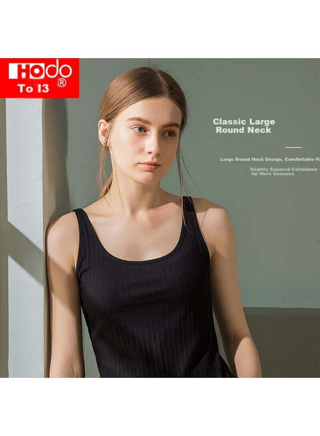 Hongdou Women's Low Round Neck Jacquard Vertical Stripe Ruffled Slim Fit Camisole Top, Elegant Black, Size 160 - Image 3