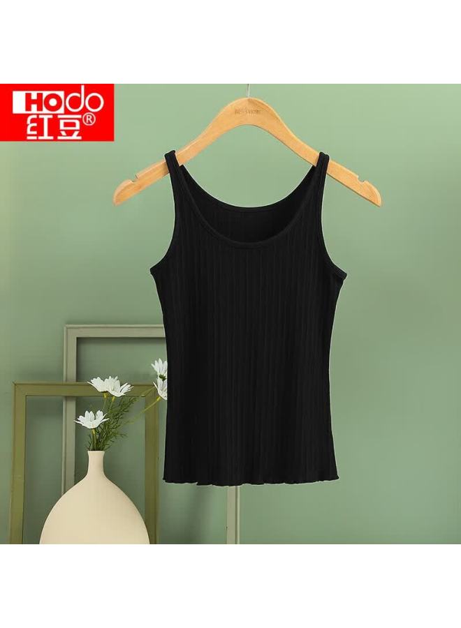 Hongdou Women's Low Round Neck Jacquard Vertical Stripe Ruffled Slim Fit Camisole Top, Elegant Black, Size 160 - Image 4