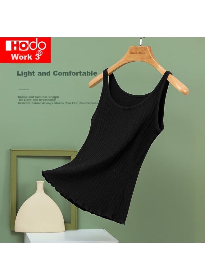 Hongdou Women's Low Round Neck Jacquard Vertical Stripe Ruffled Slim Fit Camisole Top, Elegant Black, Size 160 - Image 5