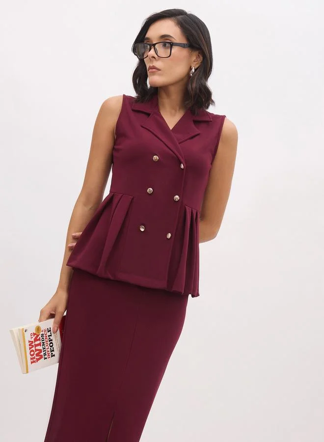 SASSAFRAS Burgundy Sleeveless Button Waistcoat and Skirt Co-Ords