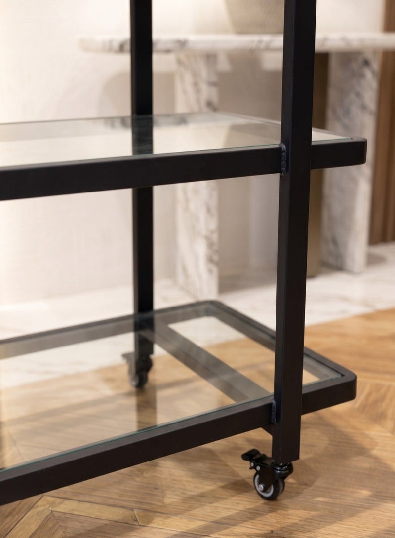 AL Hadaya Mall Luxury Classic 2-Tier Iron Serving Cart with Wheels 90x40x80 cm Black Frame Black Glass Rolling Bar Trolley Drink Tea Coffee Cart for Home Dining Kitchen Decor - Image 4