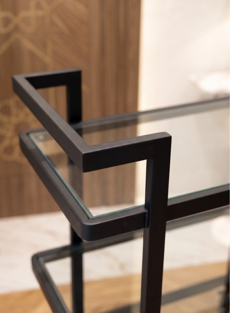 AL Hadaya Mall Luxury Classic 2-Tier Iron Serving Cart with Wheels 90x40x80 cm Black Frame Black Glass Rolling Bar Trolley Drink Tea Coffee Cart for Home Dining Kitchen Decor - Image 3