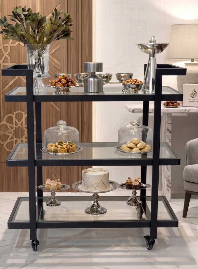 AL Hadaya Mall Luxury Classic 2-Tier Iron Serving Cart with Wheels 90x40x80 cm Black Frame Black Glass Rolling Bar Trolley Drink Tea Coffee Cart for Home Dining Kitchen Decor - Image 1