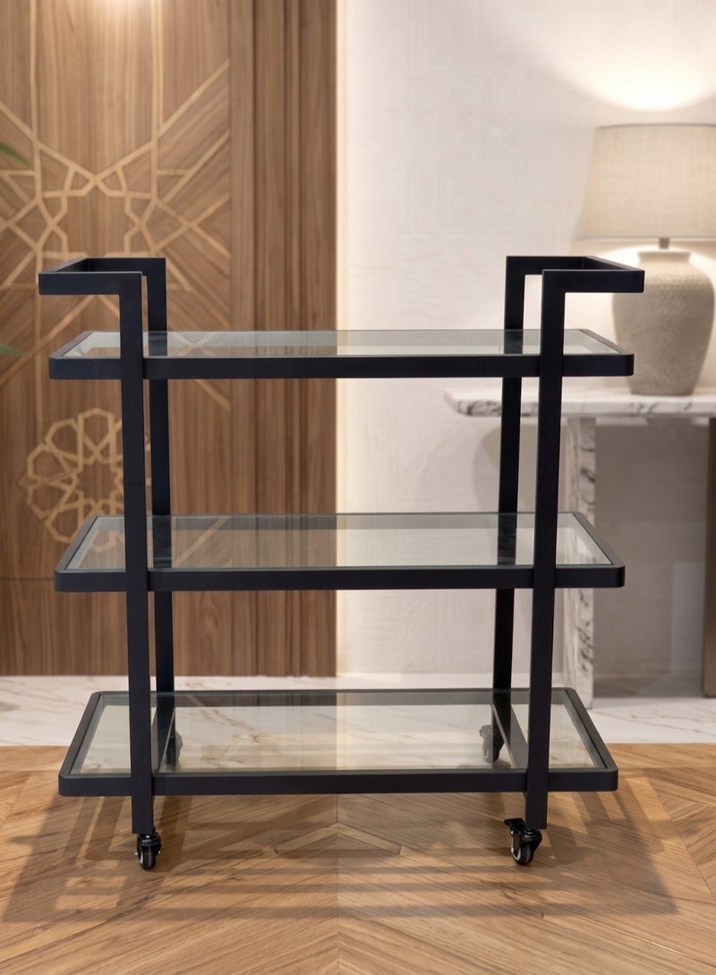 AL Hadaya Mall Luxury Classic 2-Tier Iron Serving Cart with Wheels 90x40x80 cm Black Frame Black Glass Rolling Bar Trolley Drink Tea Coffee Cart for Home Dining Kitchen Decor - Image 2