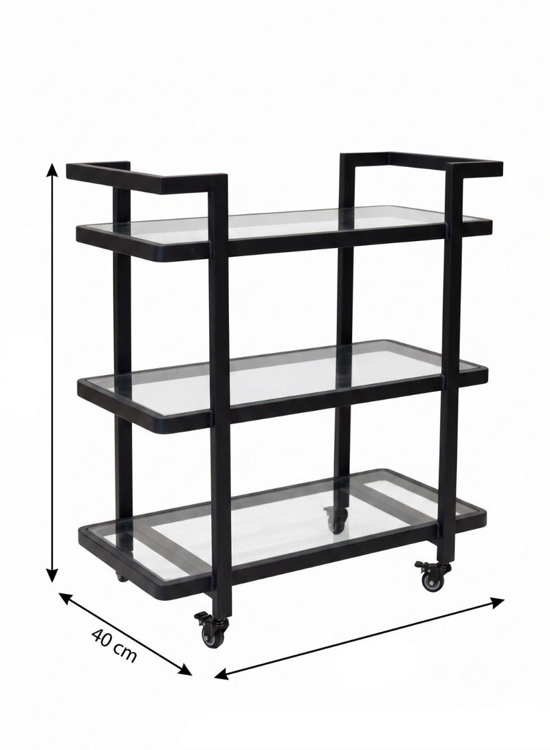 AL Hadaya Mall Luxury Classic 2-Tier Iron Serving Cart with Wheels 90x40x80 cm Black Frame Black Glass Rolling Bar Trolley Drink Tea Coffee Cart for Home Dining Kitchen Decor - Image 5