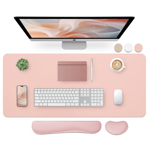 Bloss Large Desk Pad and Keyboard Wrist Rest, Large Mouse Pad + Keyboard Pad+Mouse Wrist Support, Non-Slip Desk Mat Protector for Office, Home (35.4×15.7 Inches,Pink) - Image 1