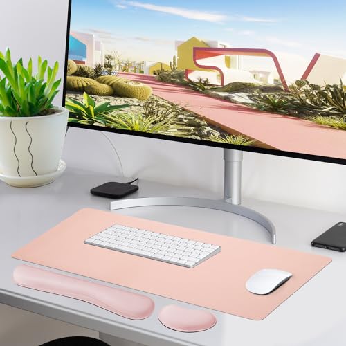 Bloss Large Desk Pad and Keyboard Wrist Rest, Large Mouse Pad + Keyboard Pad+Mouse Wrist Support, Non-Slip Desk Mat Protector for Office, Home (35.4×15.7 Inches,Pink) - Image 3