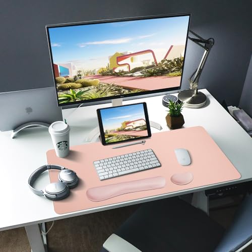 Bloss Large Desk Pad and Keyboard Wrist Rest, Large Mouse Pad + Keyboard Pad+Mouse Wrist Support, Non-Slip Desk Mat Protector for Office, Home (35.4×15.7 Inches,Pink) - Image 2