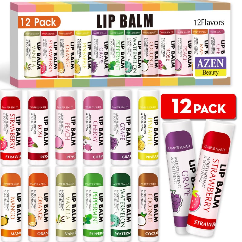 AZEN 12 Pack Lip Balm, Natural Lip Balm Bulk, Lip Care Product, Moisturizing Lip Balms for dry cracked lips, Valentines Gifts Easter Basket Stuffers - 12 Flavors - Image 1
