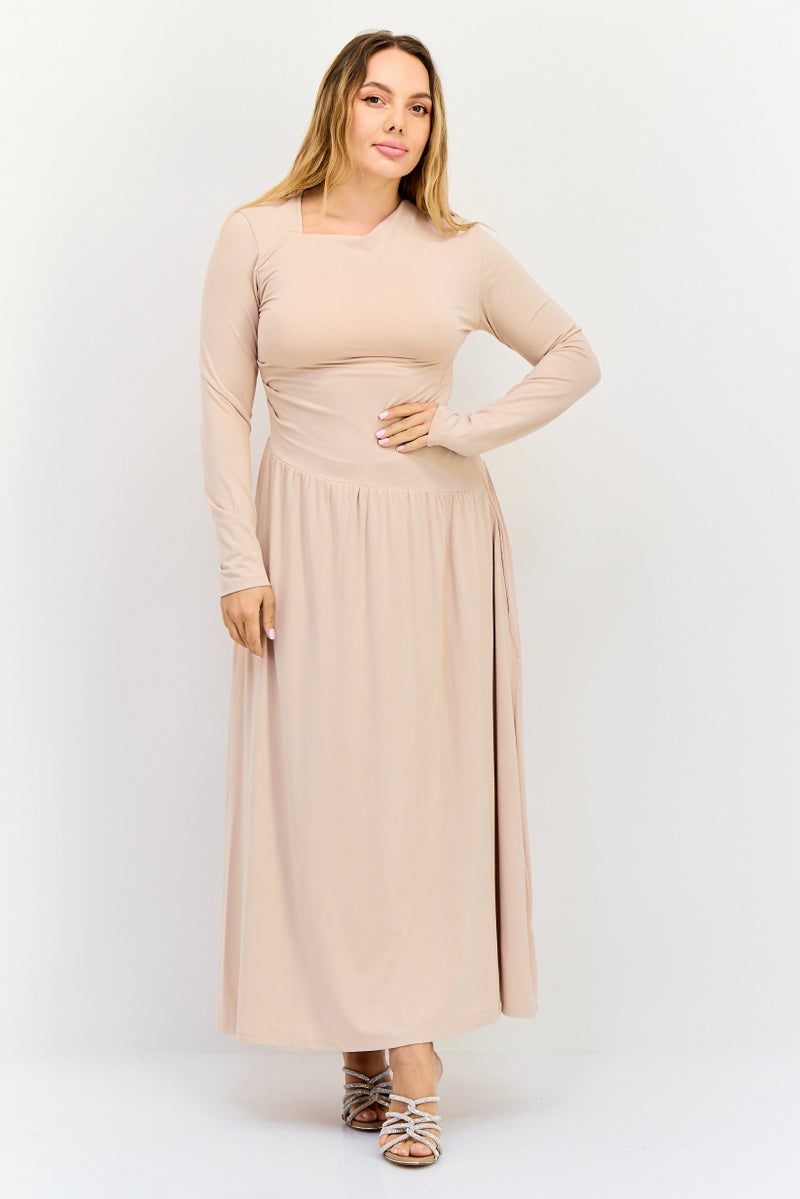 bebe فستان ماكسي نسائي سادة، بيج - Image 1