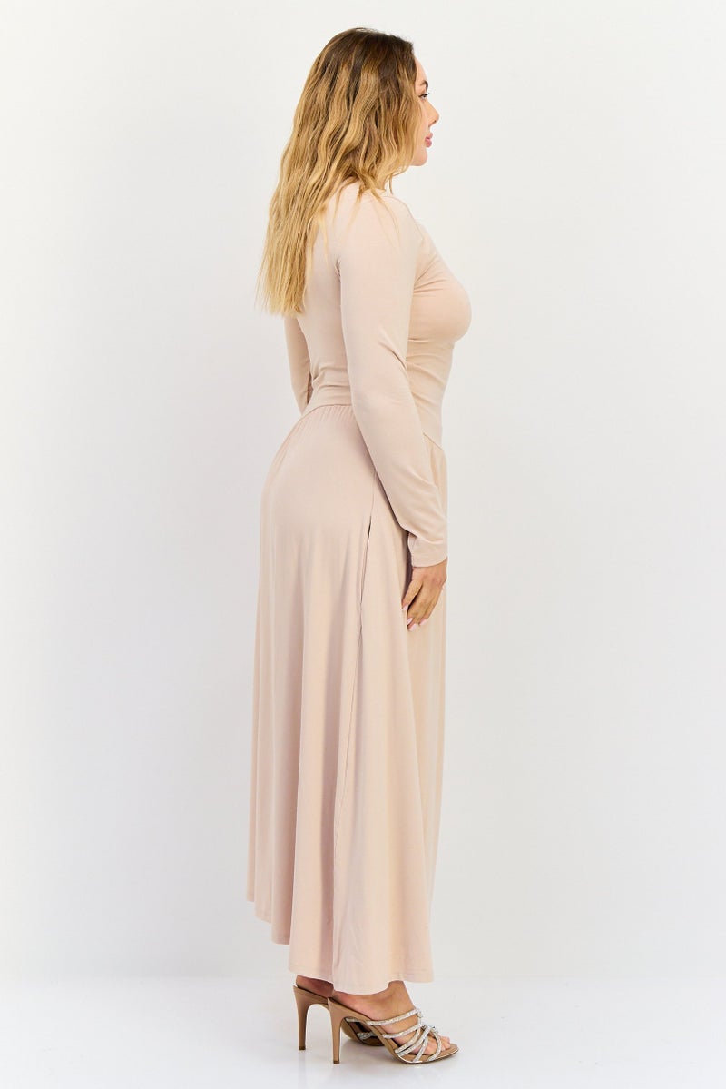 bebe فستان ماكسي نسائي سادة، بيج - Image 4