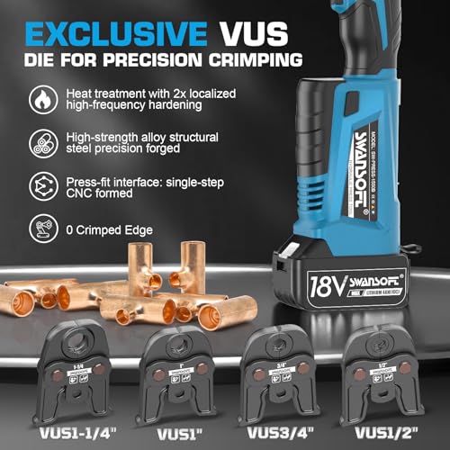 SWANSOFT Pro Press Tool, 32KN 18V 4Ah Hydraulic Copper Crimping Tool Electric with 4 US Standard Jaws 1/2", 3/4'', 1", 1-1/4" Pro Press Copper Crimper Tool, ProPress Tool Kit - Image 3