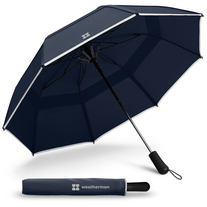 Weatherman Premium Collapsible Travel Umbrella - Windproof, Compact, Easy Auto Open - Resists Up to 55 MPH Winds - Perfect for Rain, Wind, Backpack, Car - Folding Umbrella (Navy Blue) - Image 1