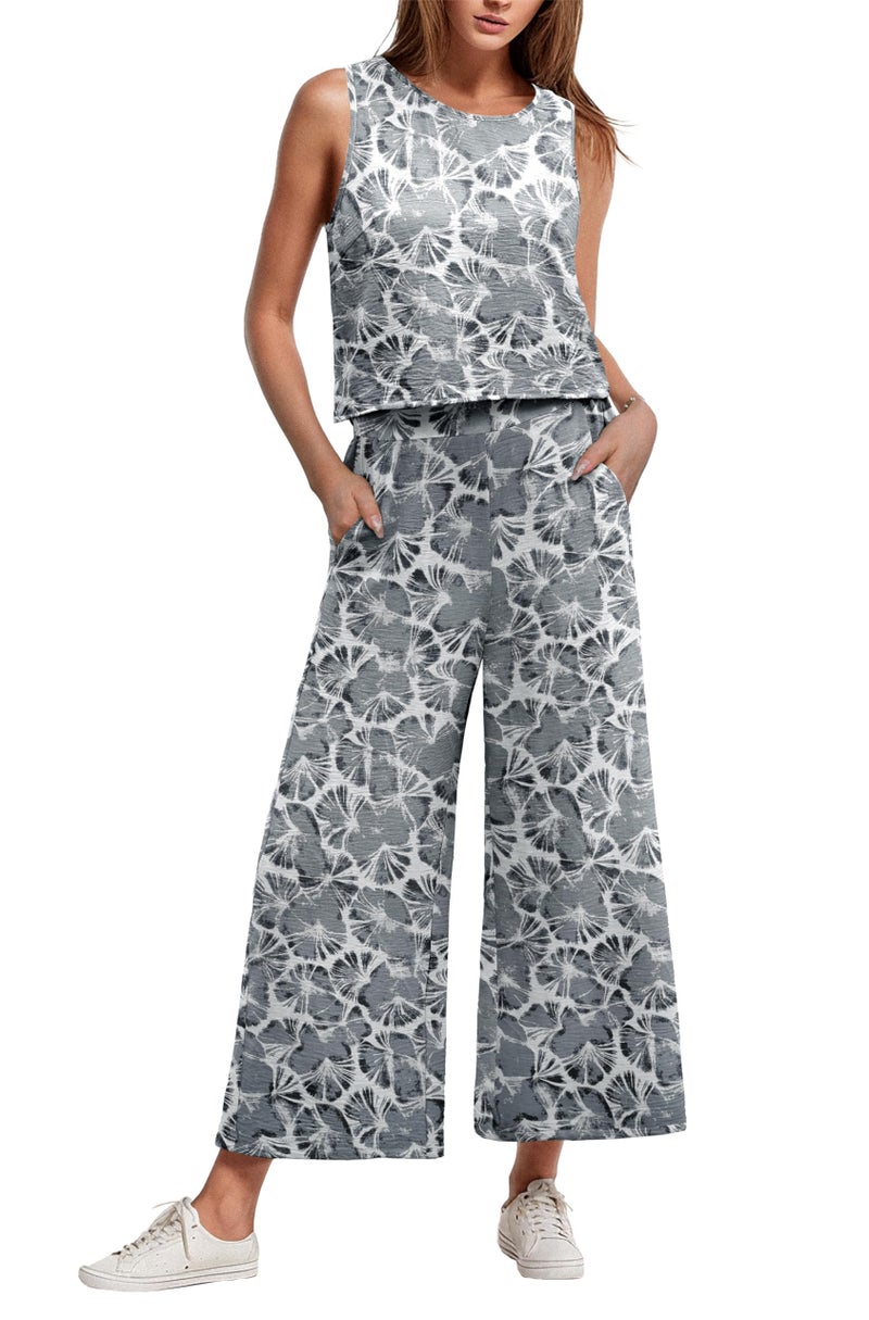IWOLLENCE Women's Summer 2 Piece Outfits Set Round neck Sleeveless Tank Crop Top Wide Leg pants Set Pockets Jumpsuits Gray Fan Flower Medium - Image 1