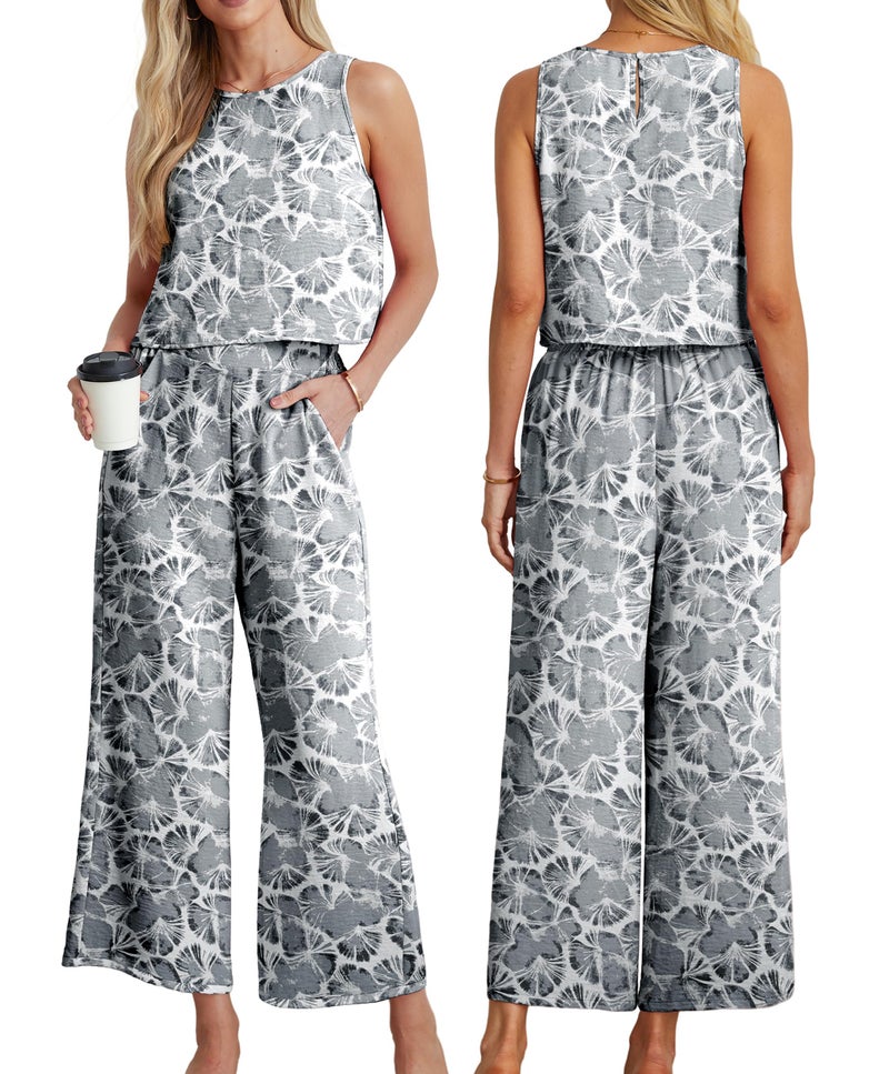 IWOLLENCE Women's Summer 2 Piece Outfits Set Round neck Sleeveless Tank Crop Top Wide Leg pants Set Pockets Jumpsuits Gray Fan Flower Medium - Image 3