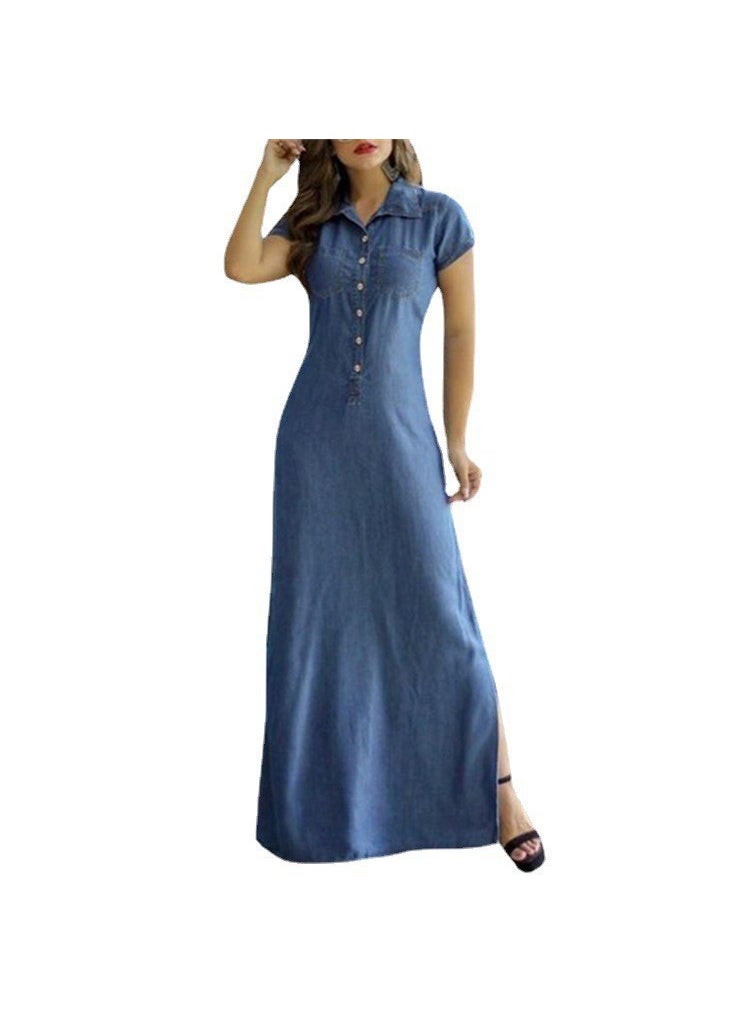 Generic - 2022 Bohemian Denim Maxi Dress with Pockets Grey - Image 1