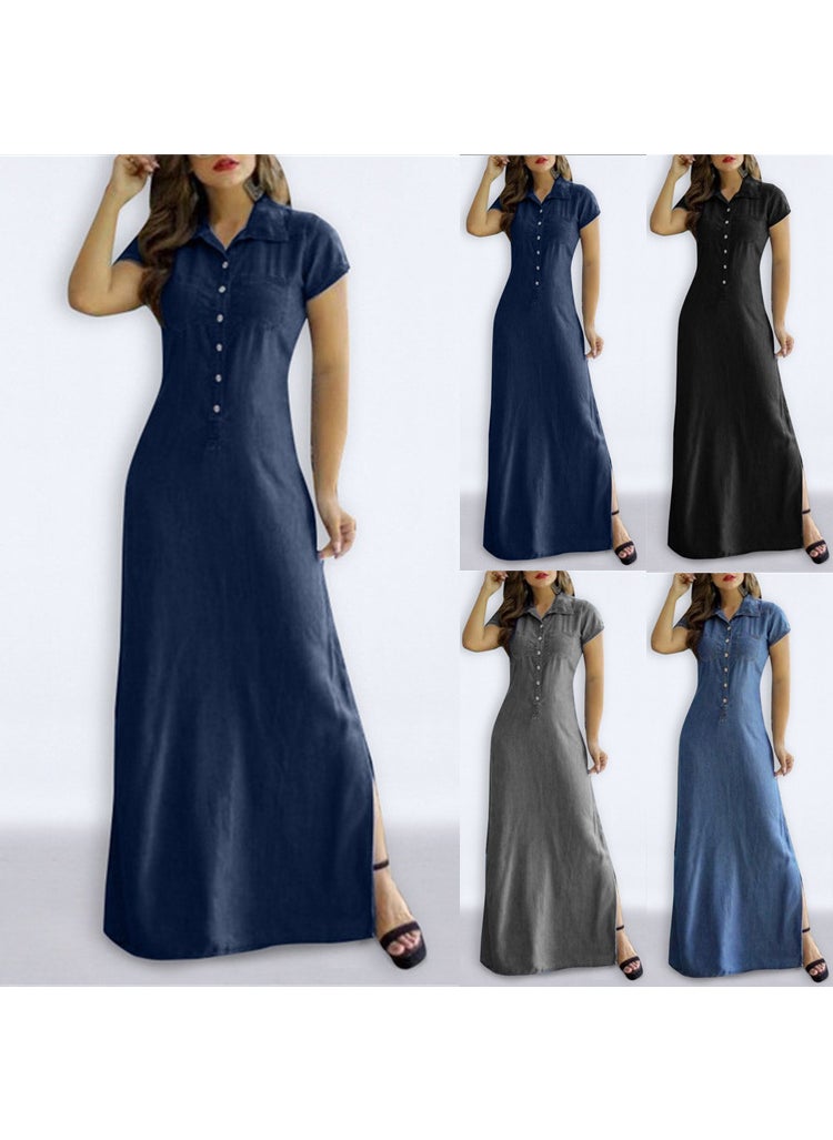 Generic - 2022 Bohemian Denim Maxi Dress with Pockets Grey - Image 1