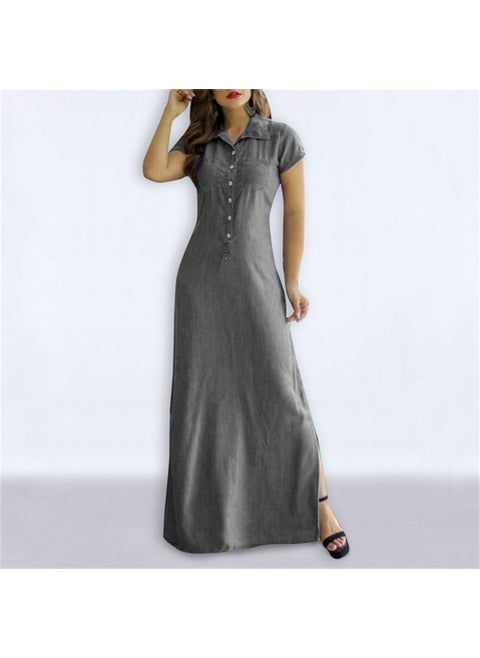 2022 Bohemian Denim Maxi Dress with Pockets Grey