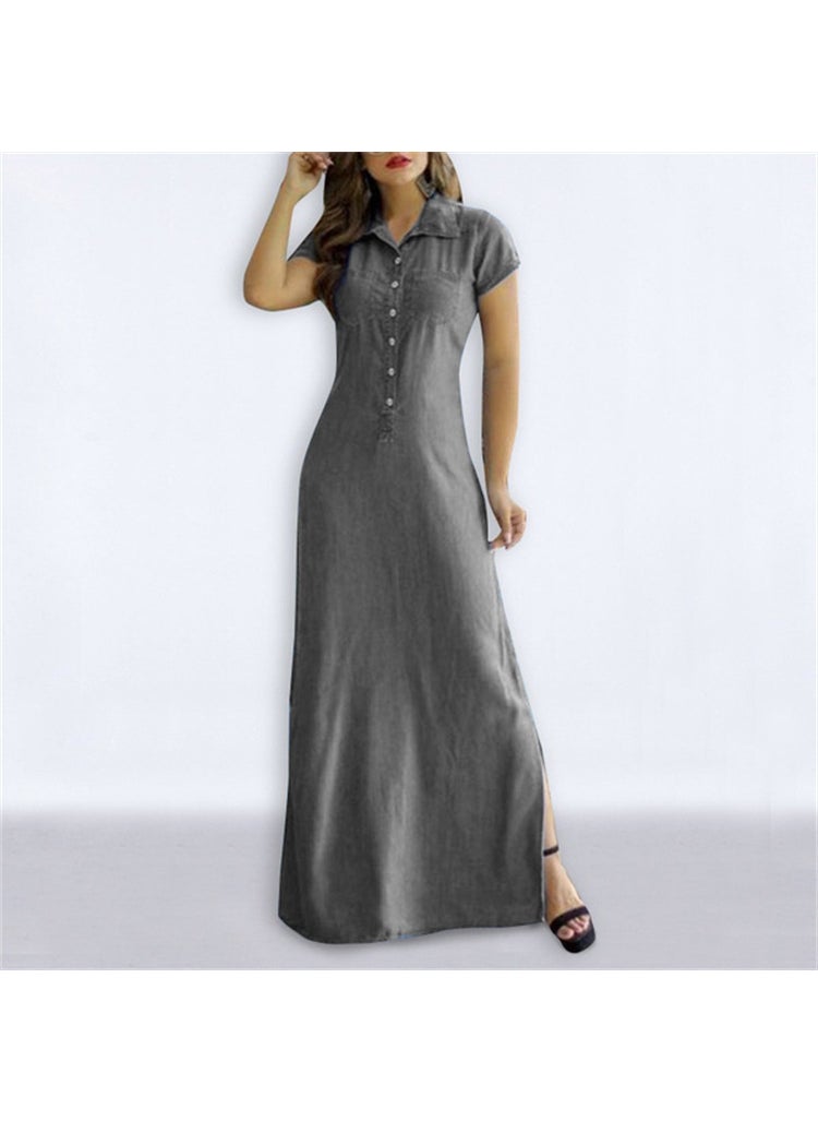 Generic - 2022 Bohemian Denim Maxi Dress with Pockets Grey - Image 1
