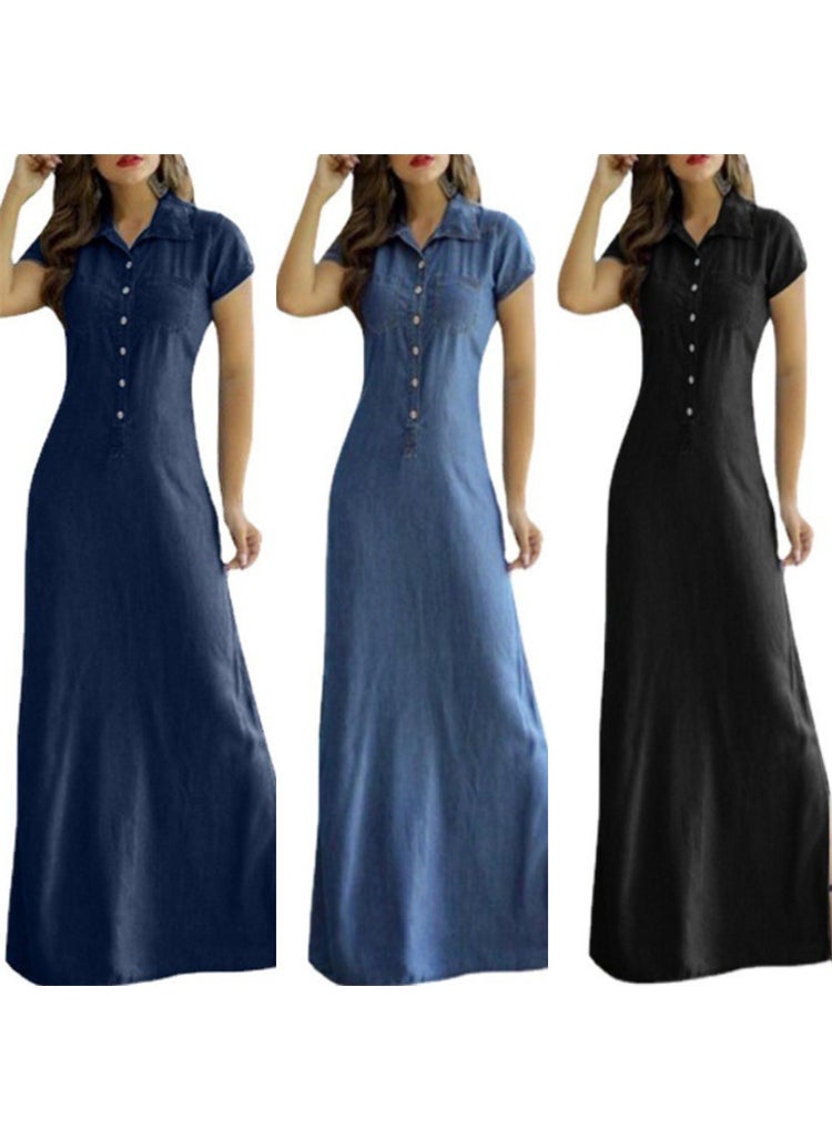 Generic - 2022 Bohemian Denim Maxi Dress with Pockets Grey - Image 1