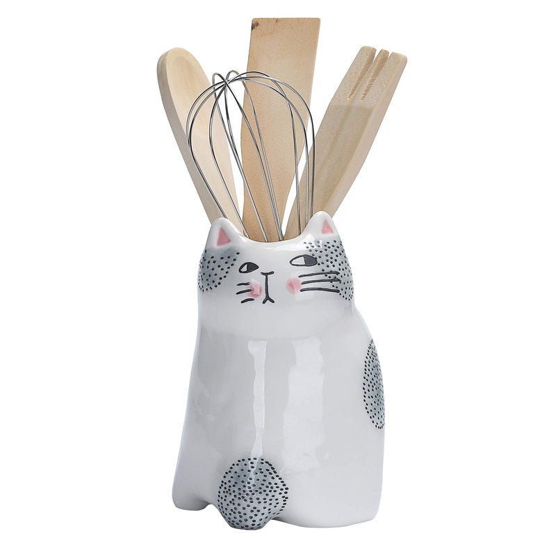 Bico Bico Cartoon Cat Utensil Holder Handpainted Stoneware Dishwasher Safe 