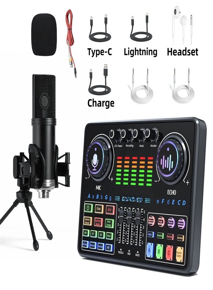 Tiktok live singing dedicated, professional 48V live sound card, mobile phone sound card, music mixer (with tripod microphone) - Image 1