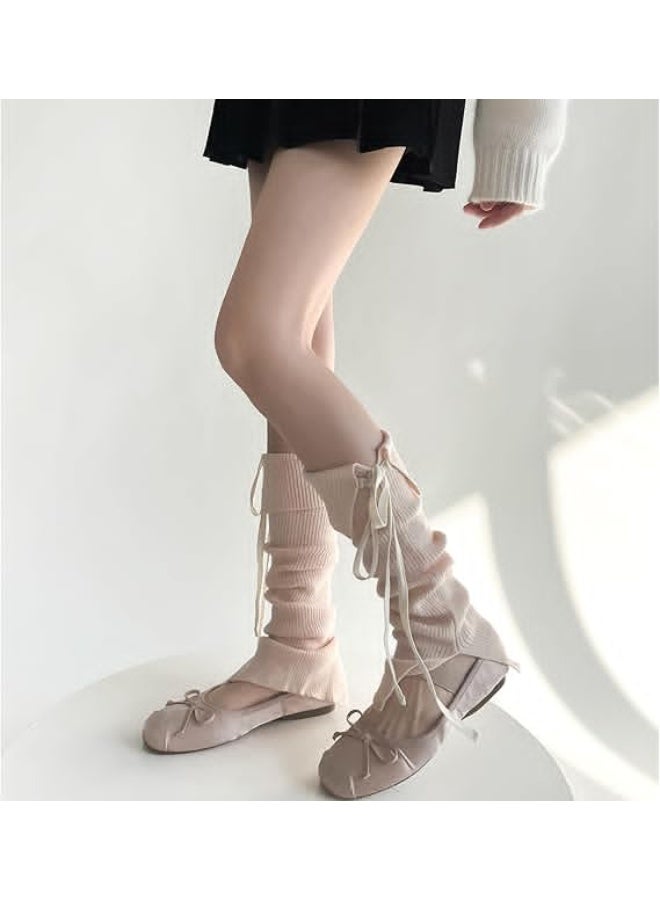 Women's Girls Knit Leg Warmers Y2K Cute Leg warmer Flared Bow Knot Lolita Split Leg Sleeve Socks for Ballet, One Size - Image 4