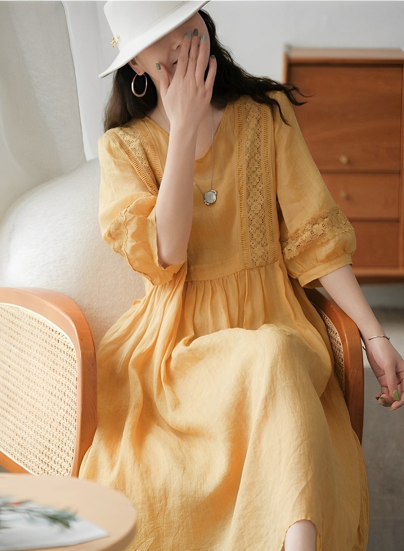 REOCLE Women’s V Neck Puff-Sleeved Dress Vintage Lace-Spliced Hollow-Out Maxi Dress for Summer Linen Sun Dress Maxi Tunic Beach Dresst Casual - Image 3