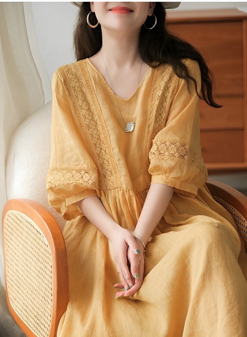 REOCLE Women’s V Neck Puff-Sleeved Dress Vintage Lace-Spliced Hollow-Out Maxi Dress for Summer Linen Sun Dress Maxi Tunic Beach Dresst Casual - Image 2