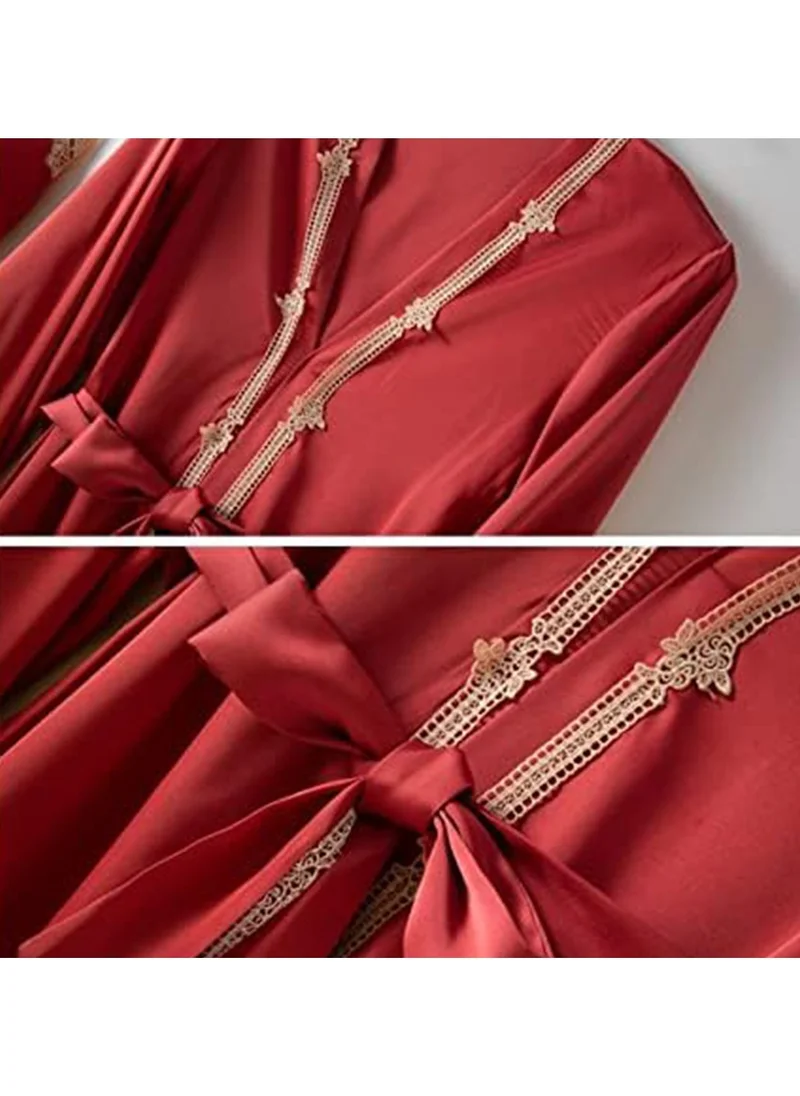 Caprisious 2-Piece Satin Robe and Chemise Sleepwear Set with Lace Intimate Lingerie and Bathrobe