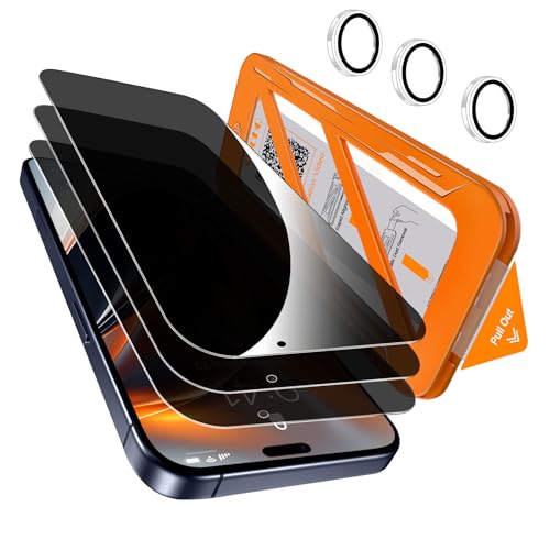 QHOHQ [1-Second Auto-Install] QHOHQ 3 Pack Privacy Screen Protector for iPhone 17 Pro [6.3 Inch] + 1 Set Camera Lens Protector, 25° Anti Spy Tempered Glass, [12FT Military Grade Shatterproof], Case Friendly - Image 1