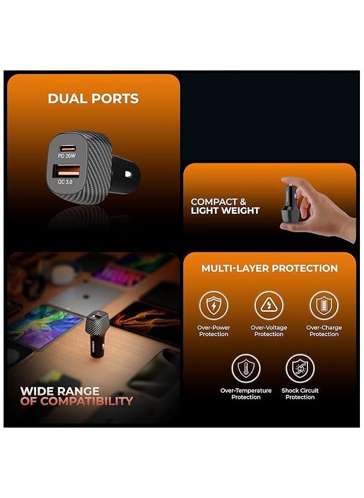 شاحن سيارة فائق السرعة 38 واط – منافذ USB-C و USB مزدوجة | PD20W و QC3.0 | متوافق مع iPhone 14، Samsung، Android وأكثر | حماية ضد زيادة الفولتية، زيادة التيار، الدائرة القصيرة | صغير وموثوق - Image 2