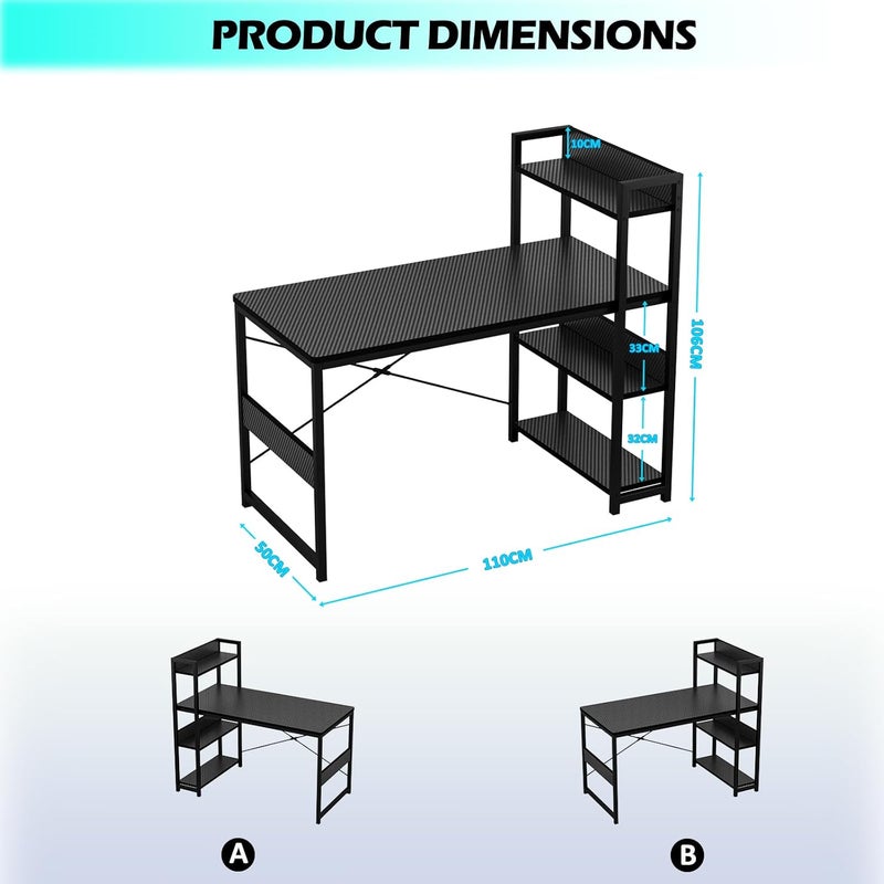 جوبستري طاولة مكتب كمبيوتر مع رفوف قابلة للتحويل من 3 طبقات، طاولة كمبيوتر بسطح من ألياف الكربون، دعم X-Brace للمكتب المنزلي (أسود) - Image 2
