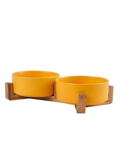 Pet Ceramic Bowl, Durable Ceramic Dog and Cat Bowl, Dog Food Bowl with Wooden Stand and Non-slip Pads, Double Bowls for Food and Water (Yellow)