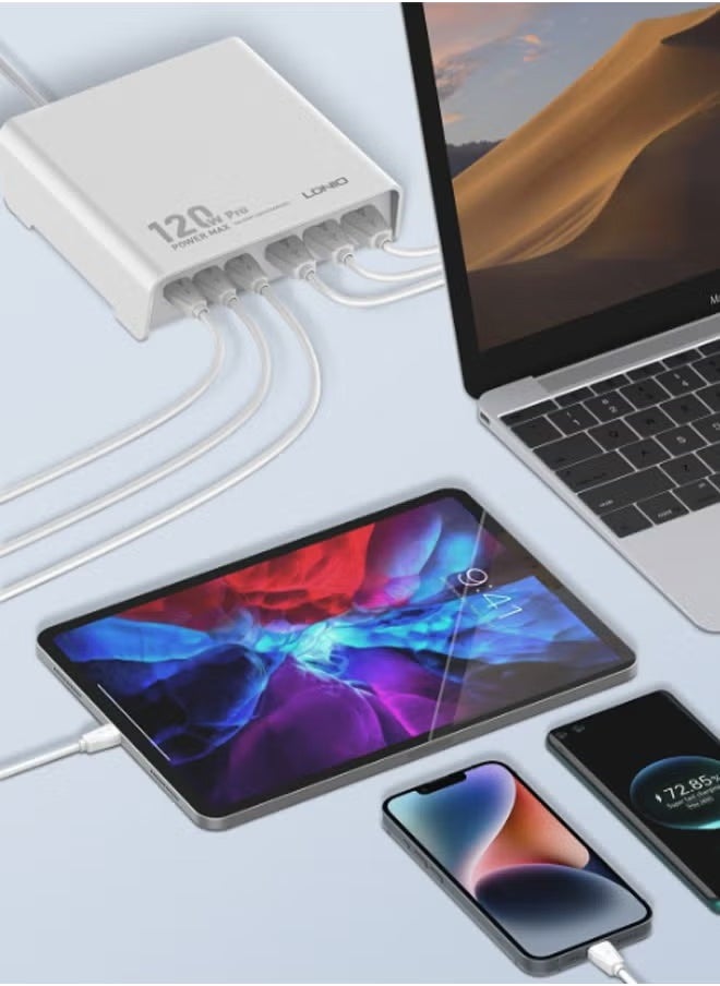 LDNIO - 120w Desktop Charging USB hub 3 Port USB C 3 Port USB A Charging Station Fast Desktop Charging For iPhone Tablet Macbook Laptop White - Image 1