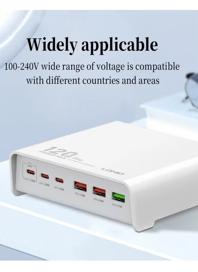 LDNIO - 120w Desktop Charging USB hub 3 Port USB C 3 Port USB A Charging Station Fast Desktop Charging For iPhone Tablet Macbook Laptop White - Image 1
