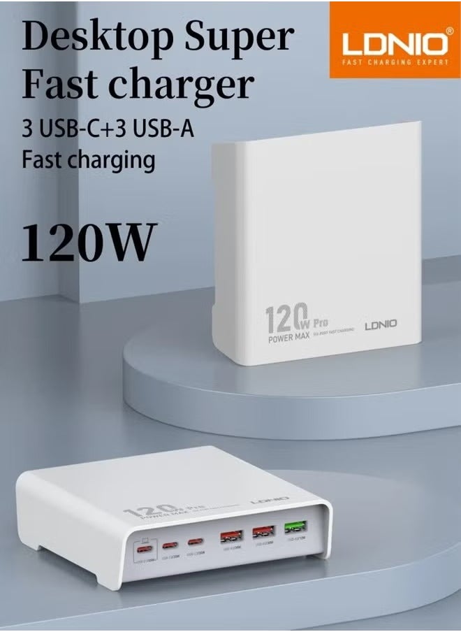 LDNIO - 120w Desktop Charging USB hub 3 Port USB C 3 Port USB A Charging Station Fast Desktop Charging For iPhone Tablet Macbook Laptop White - Image 1